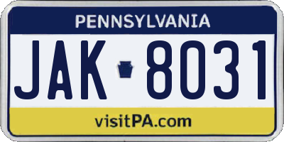 PA license plate JAK8031