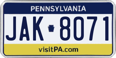 PA license plate JAK8071