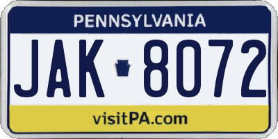 PA license plate JAK8072