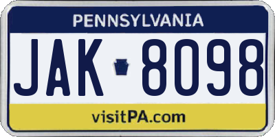 PA license plate JAK8098