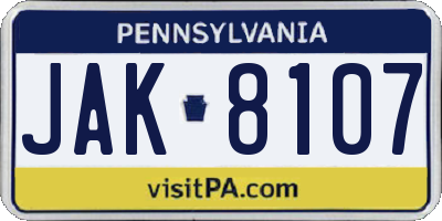 PA license plate JAK8107