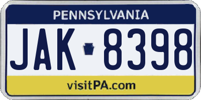 PA license plate JAK8398