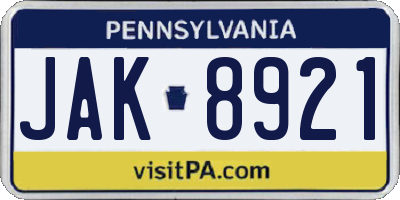 PA license plate JAK8921