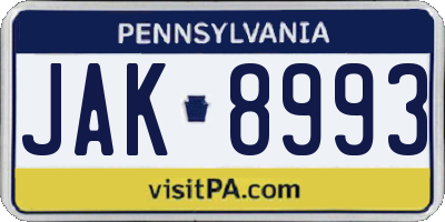 PA license plate JAK8993