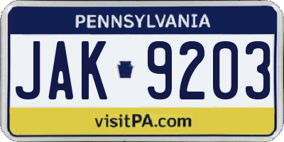 PA license plate JAK9203