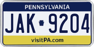 PA license plate JAK9204