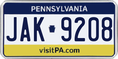 PA license plate JAK9208