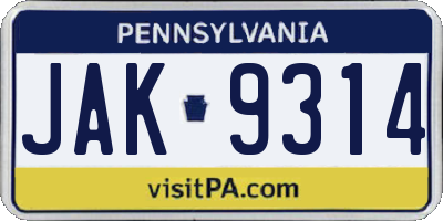 PA license plate JAK9314