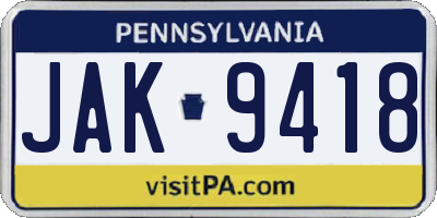 PA license plate JAK9418