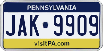 PA license plate JAK9909