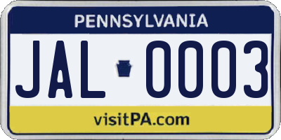 PA license plate JAL0003