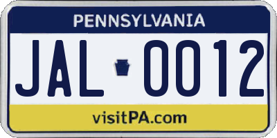 PA license plate JAL0012