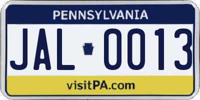 PA license plate JAL0013