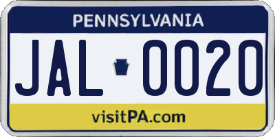 PA license plate JAL0020