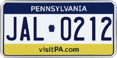 PA license plate JAL0212