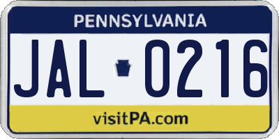 PA license plate JAL0216