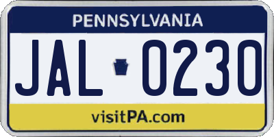 PA license plate JAL0230