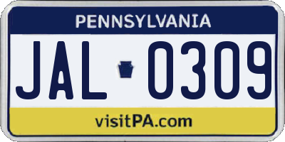 PA license plate JAL0309