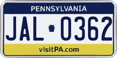 PA license plate JAL0362