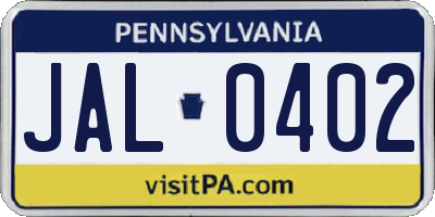 PA license plate JAL0402