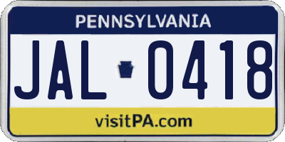 PA license plate JAL0418