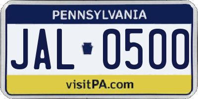PA license plate JAL0500