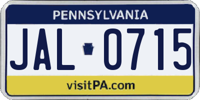 PA license plate JAL0715