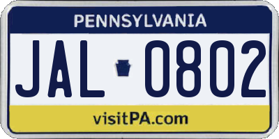 PA license plate JAL0802