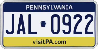 PA license plate JAL0922