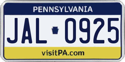 PA license plate JAL0925