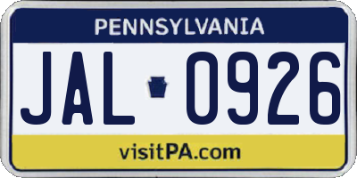 PA license plate JAL0926