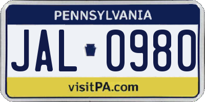 PA license plate JAL0980
