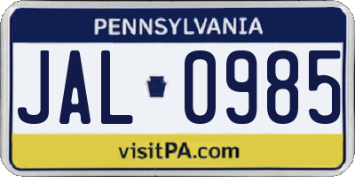 PA license plate JAL0985