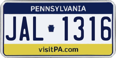 PA license plate JAL1316