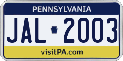 PA license plate JAL2003