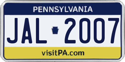 PA license plate JAL2007