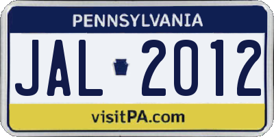 PA license plate JAL2012