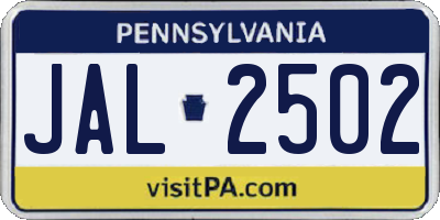 PA license plate JAL2502