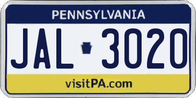 PA license plate JAL3020