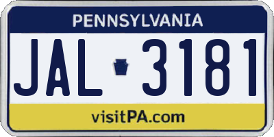 PA license plate JAL3181