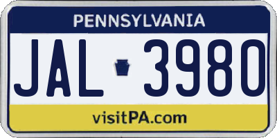 PA license plate JAL3980