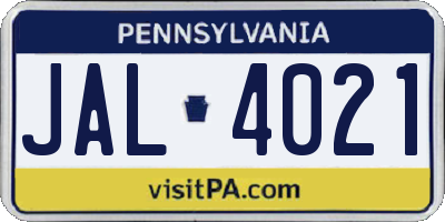 PA license plate JAL4021