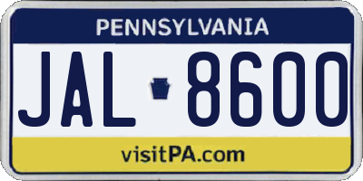 PA license plate JAL8600