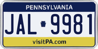 PA license plate JAL9981