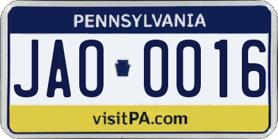 PA license plate JAO0016