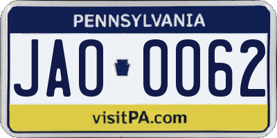 PA license plate JAO0062