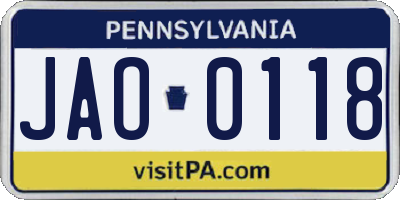 PA license plate JAO0118