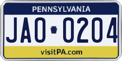 PA license plate JAO0204