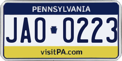 PA license plate JAO0223