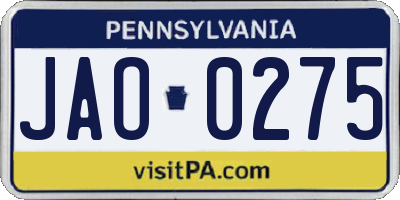PA license plate JAO0275